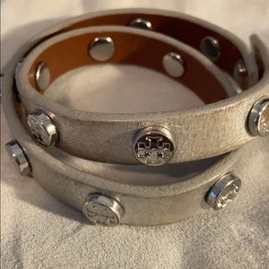 Tory Burch Leather Wraparound Bracelet Silver